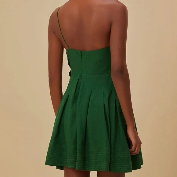NWT Farm Rio Lea Linen Tropical Vacation Pleated One Shoulder Mini Dress Green - Picture 3 of 15